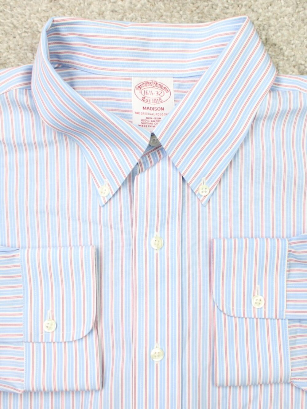 Brooks Brothers Shirt Men 16 1/2, 32 Blue/Red Madison Non-Iron Supima Cotton L/S